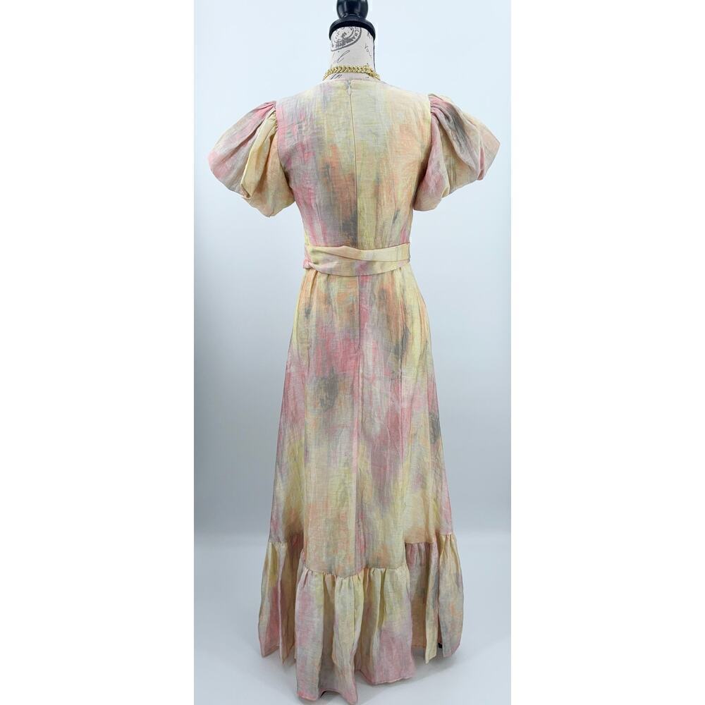 B51 Hunter Bell Sunset Ruffled Midi Dress 0‎ Linen Belted Puff Sleeve Flowy - Picture 7 of 9
